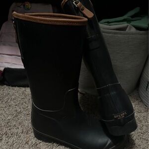 Sperry Black Rain Boots with Brown Trim